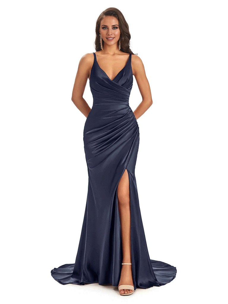 Soft Satin Side Slit Spaghetti Straps V-Neck Long Sexy Mermaid Bridesmaid Dresses