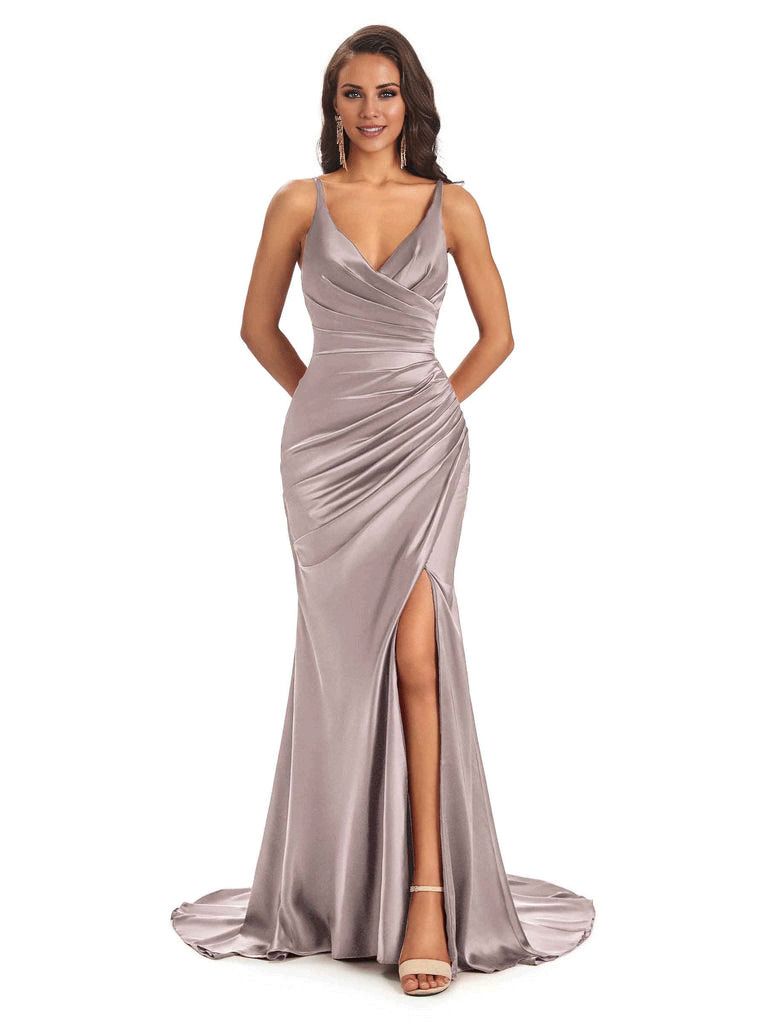 Soft Satin Side Slit Spaghetti Straps V-Neck Long Sexy Mermaid Bridesmaid Dresses