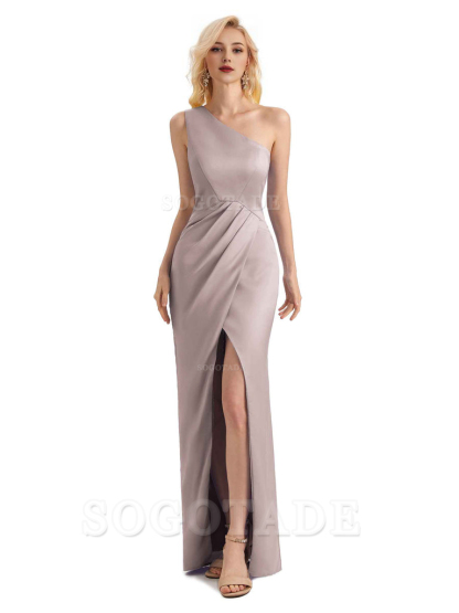 Sexy Soft Satin Split One Shoulder Long Mermaid Wedding Guest Dresses Online
