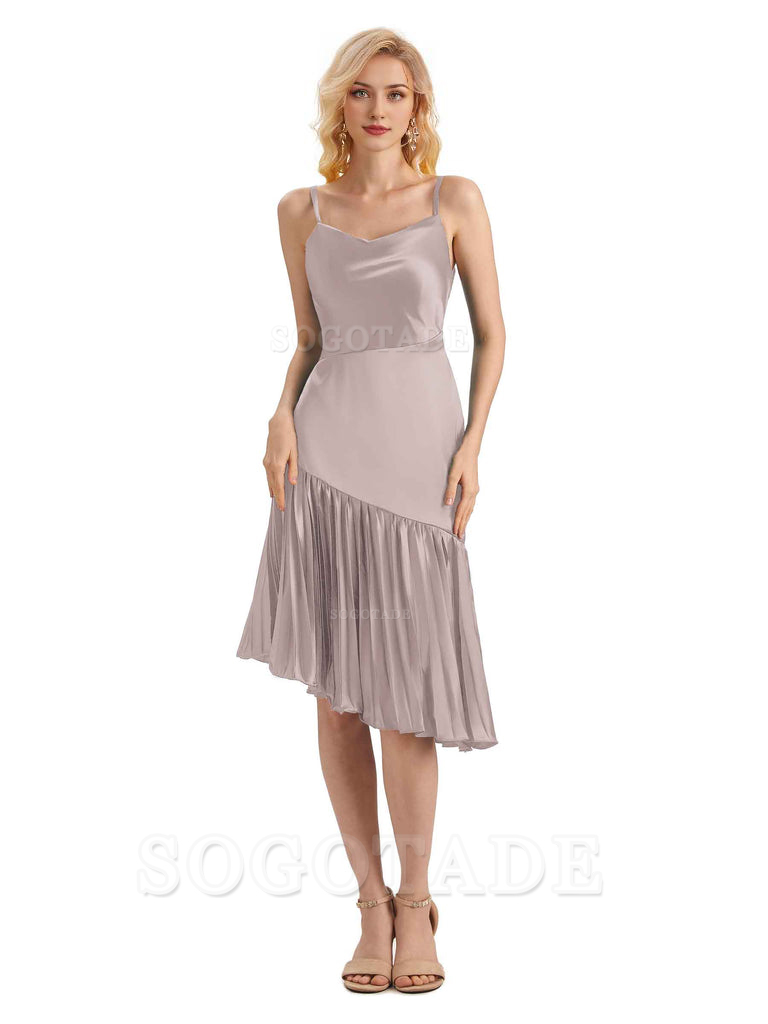 Unique Soft Satin Spaghetti Straps Short Midi Asymmetrical Bridesmaid Dresses Online