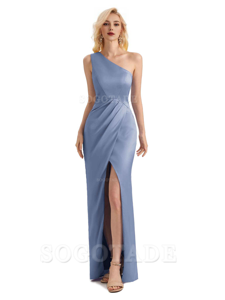 Sexy Soft Satin Split One Shoulder Long Mermaid Wedding Guest Dresses Online