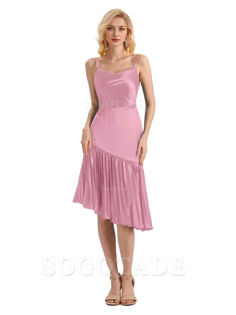 Unique Soft Satin Spaghetti Straps Short Midi Asymmetrical Bridesmaid Dresses Online