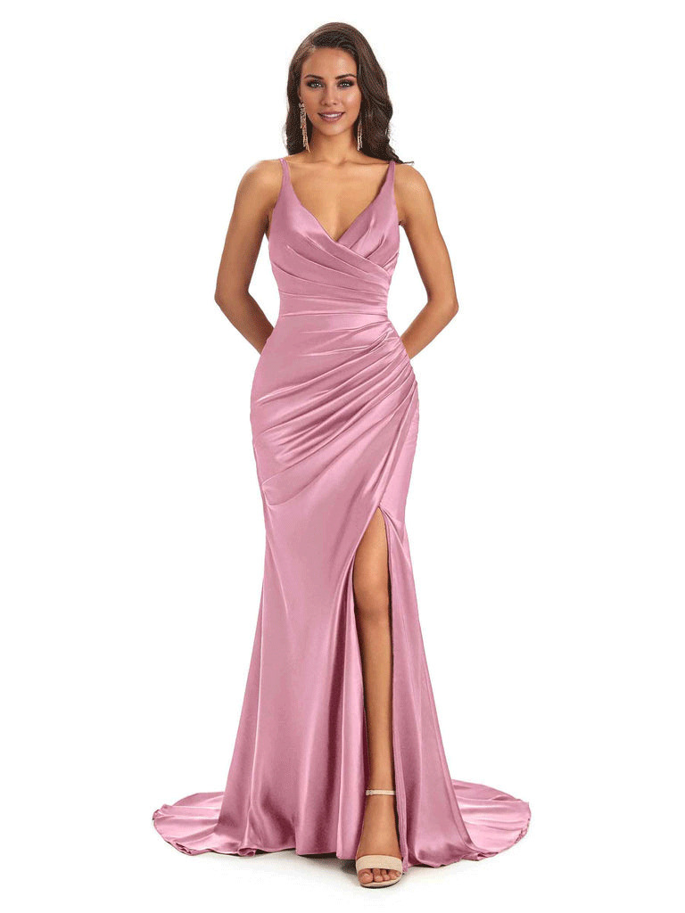 Soft Satin Side Slit Spaghetti Straps V-Neck Long Sexy Mermaid Bridesmaid Dresses