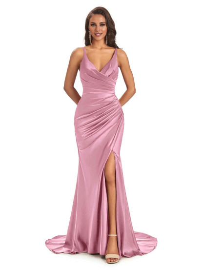 Soft Satin Side Slit Spaghetti Straps V-Neck Long Sexy Mermaid Bridesmaid Dresses