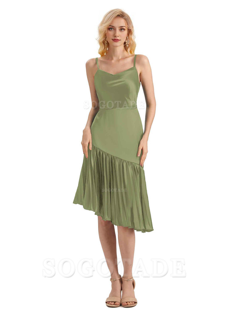 Unique Soft Satin Spaghetti Straps Short Midi Asymmetrical Bridesmaid Dresses Online