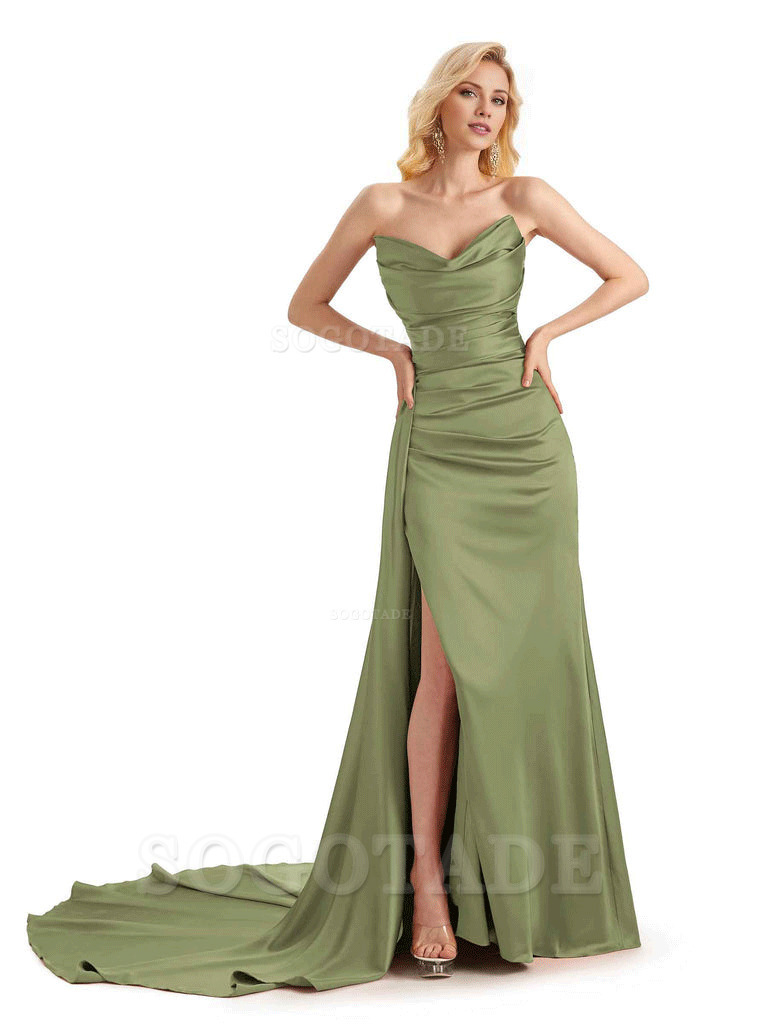 Unique Sweetheart Side Slit Soft Satin Long Mermaid Bridesmaid Dresses Online