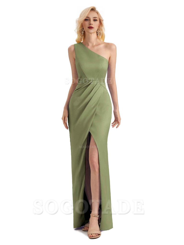 Sexy Soft Satin Split One Shoulder Long Mermaid Wedding Guest Dresses Online