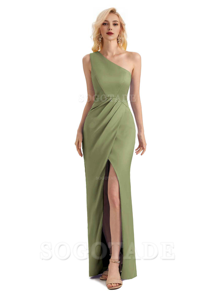 Sexy Soft Satin Split One Shoulder Long Mermaid Wedding Guest Dresses Online