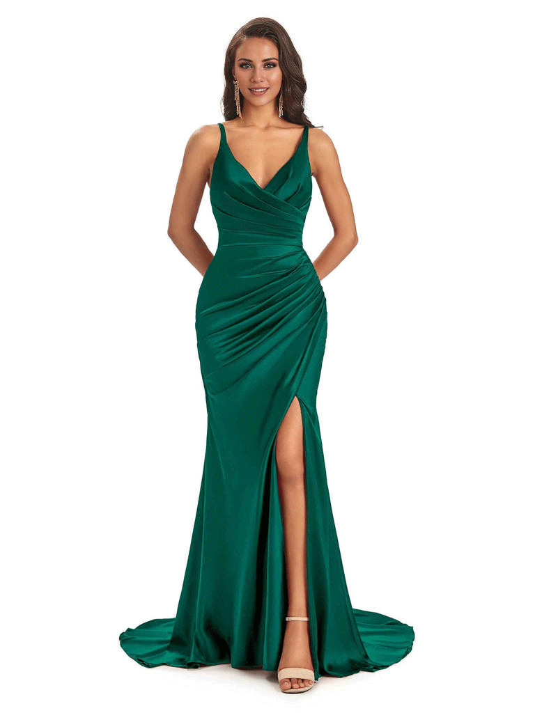 Soft Satin Side Slit Spaghetti Straps V-Neck Long Sexy Mermaid Bridesmaid Dresses