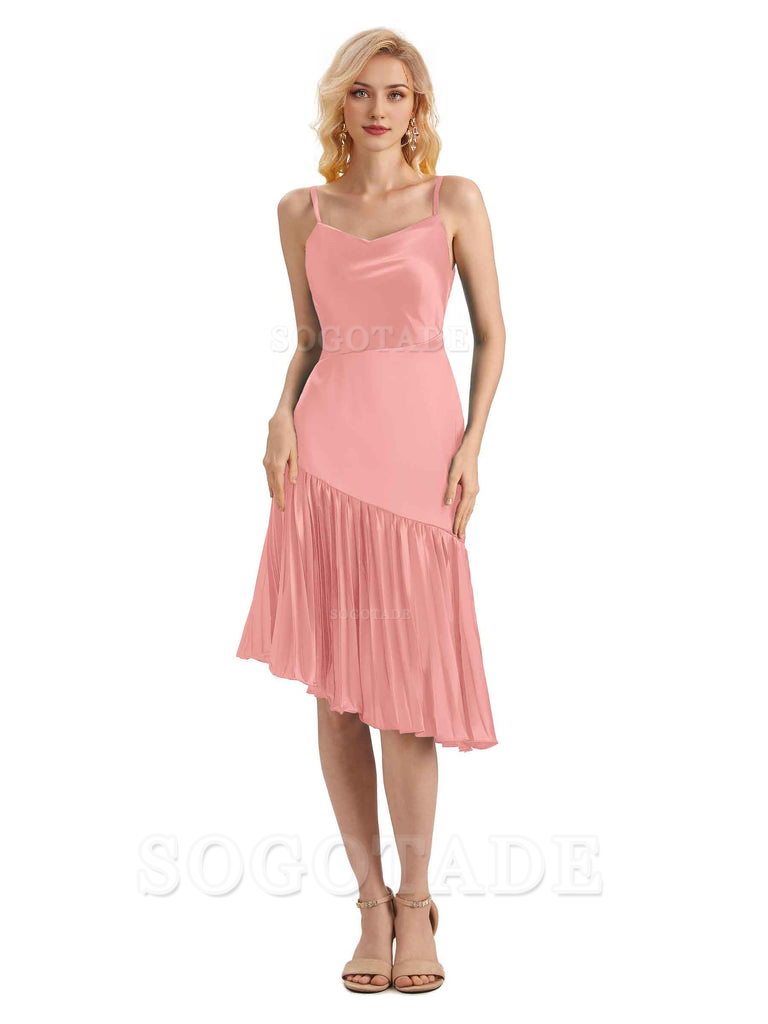 Unique Soft Satin Spaghetti Straps Short Midi Asymmetrical Bridesmaid Dresses Online
