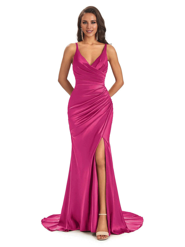 Soft Satin Side Slit Spaghetti Straps V-Neck Long Sexy Mermaid Bridesmaid Dresses