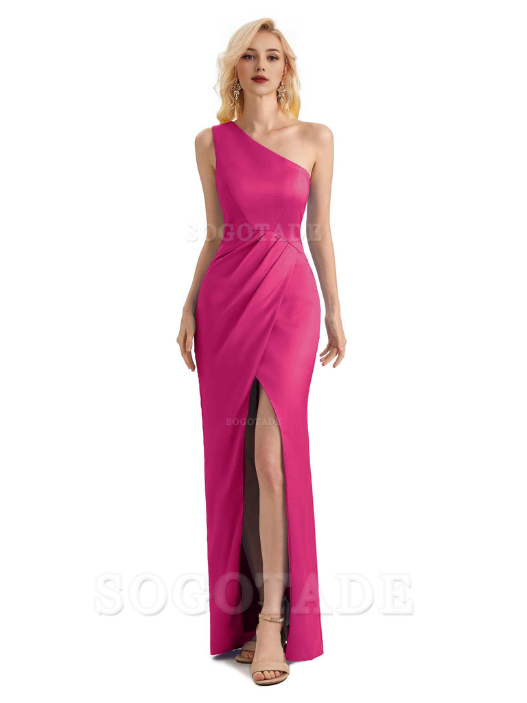 Sexy Soft Satin Split One Shoulder Long Mermaid Wedding Guest Dresses Online