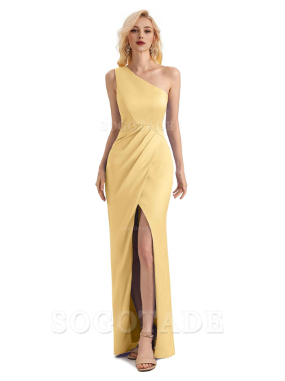 Sexy Soft Satin Split One Shoulder Long Mermaid Wedding Guest Dresses Online