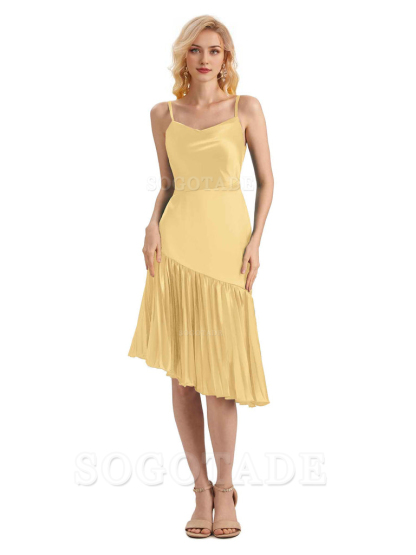 Unique Soft Satin Spaghetti Straps Short Midi Asymmetrical Bridesmaid Dresses Online