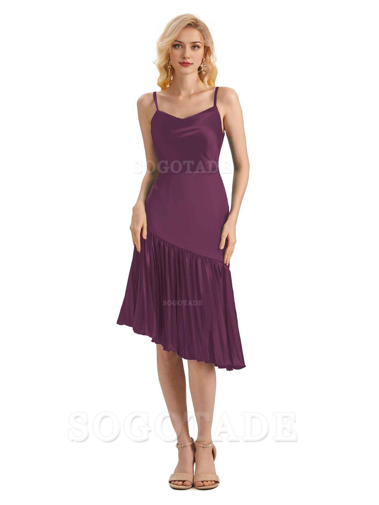 Unique Soft Satin Spaghetti Straps Short Midi Asymmetrical Bridesmaid Dresses Online