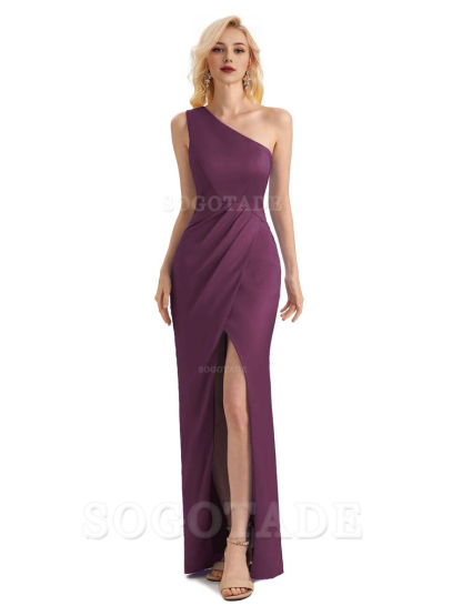 Sexy Soft Satin Split One Shoulder Long Mermaid Wedding Guest Dresses Online