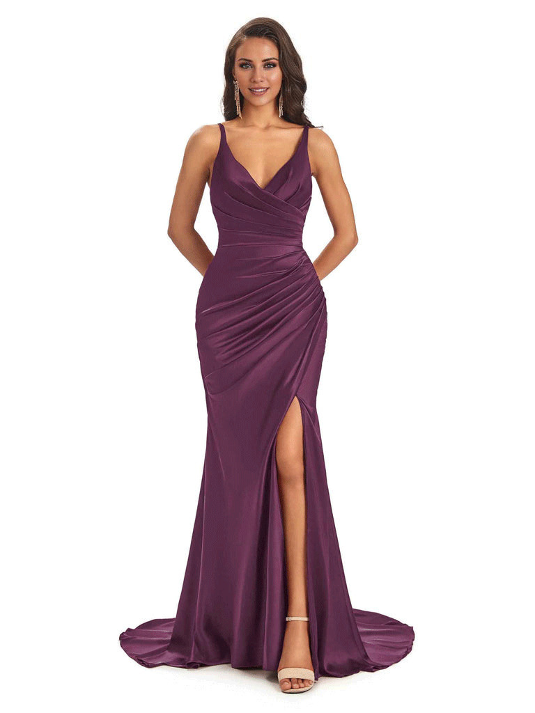 Soft Satin Side Slit Spaghetti Straps V-Neck Long Sexy Mermaid Bridesmaid Dresses