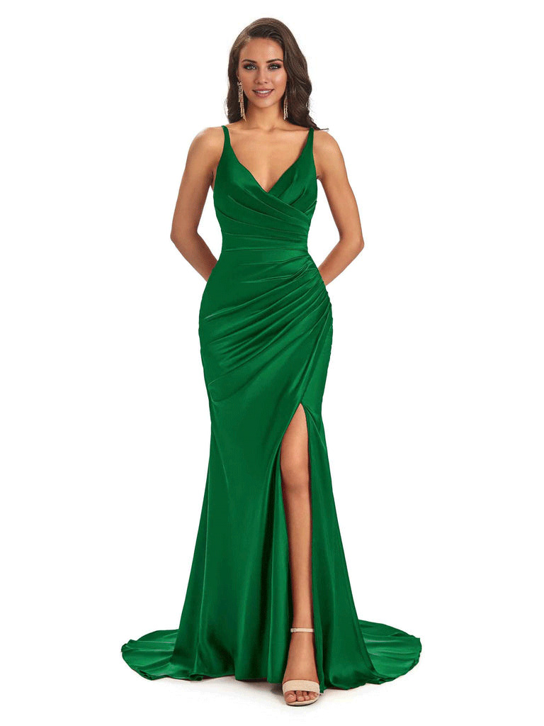 Soft Satin Side Slit Spaghetti Straps V-Neck Long Sexy Mermaid Bridesmaid Dresses