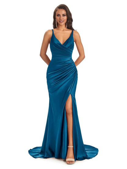 Soft Satin Side Slit Spaghetti Straps V-Neck Long Sexy Mermaid Bridesmaid Dresses