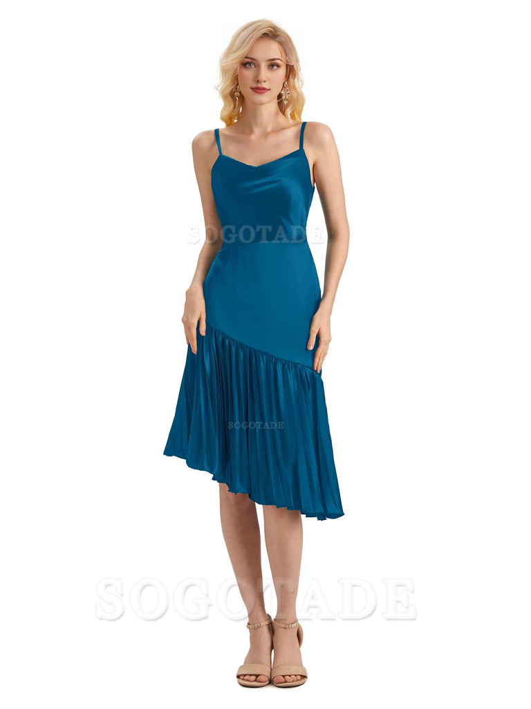Unique Soft Satin Spaghetti Straps Short Midi Asymmetrical Bridesmaid Dresses Online