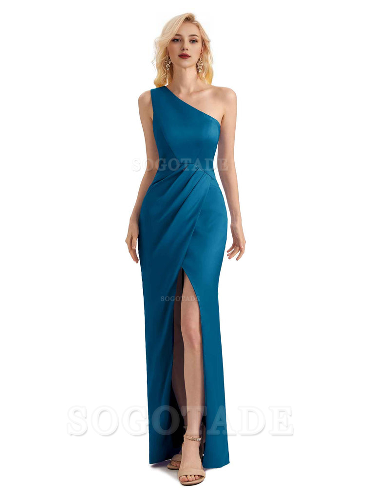 Sexy Soft Satin Split One Shoulder Long Mermaid Wedding Guest Dresses Online