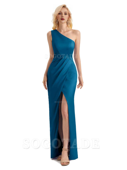 Sexy Soft Satin Split One Shoulder Long Mermaid Wedding Guest Dresses Online