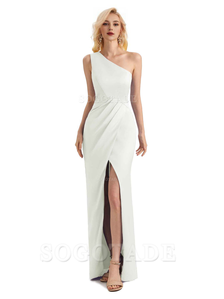 Sexy Soft Satin Split One Shoulder Long Mermaid Wedding Guest Dresses Online