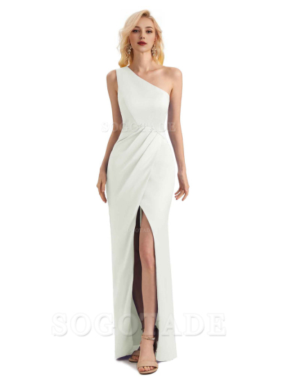 Sexy Soft Satin Split One Shoulder Long Mermaid Wedding Guest Dresses Online