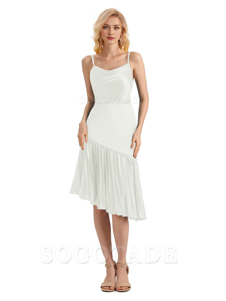 Unique Soft Satin Spaghetti Straps Short Midi Asymmetrical Bridesmaid Dresses Online