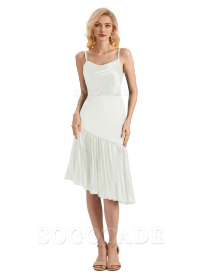 Unique Soft Satin Spaghetti Straps Short Midi Asymmetrical Bridesmaid Dresses Online