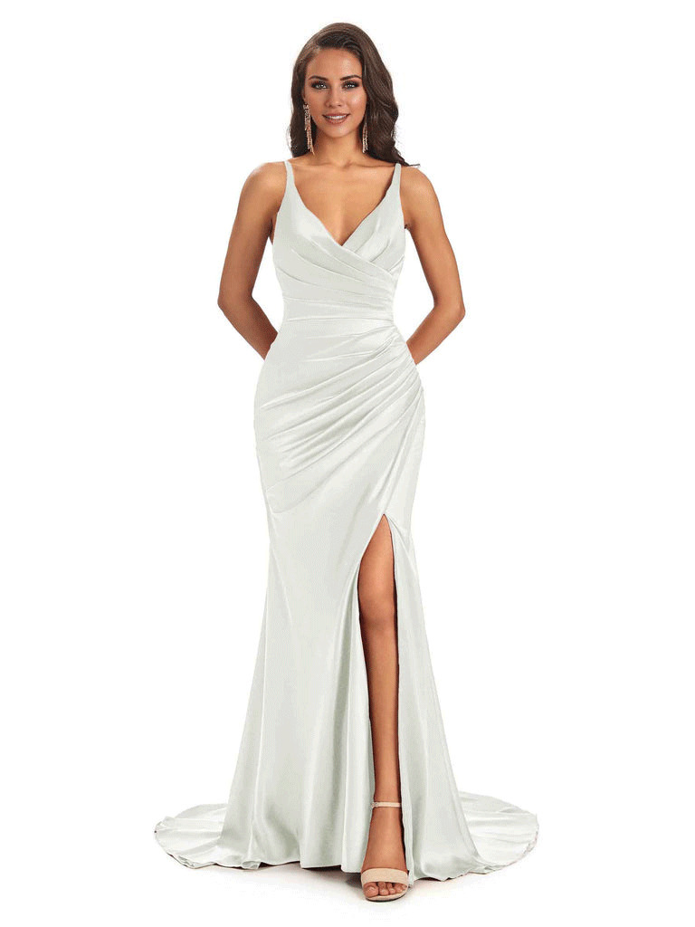 Soft Satin Side Slit Spaghetti Straps V-Neck Long Sexy Mermaid Bridesmaid Dresses