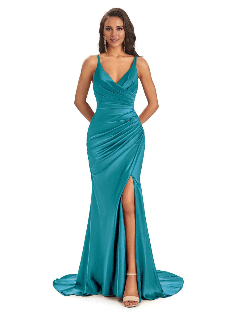 Soft Satin Side Slit Spaghetti Straps V-Neck Long Sexy Mermaid Bridesmaid Dresses