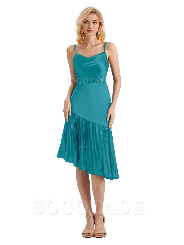 Unique Soft Satin Spaghetti Straps Short Midi Asymmetrical Bridesmaid Dresses Online