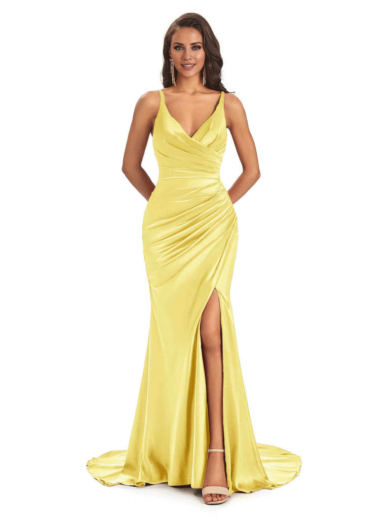 Soft Satin Side Slit Spaghetti Straps V-Neck Long Sexy Mermaid Bridesmaid Dresses