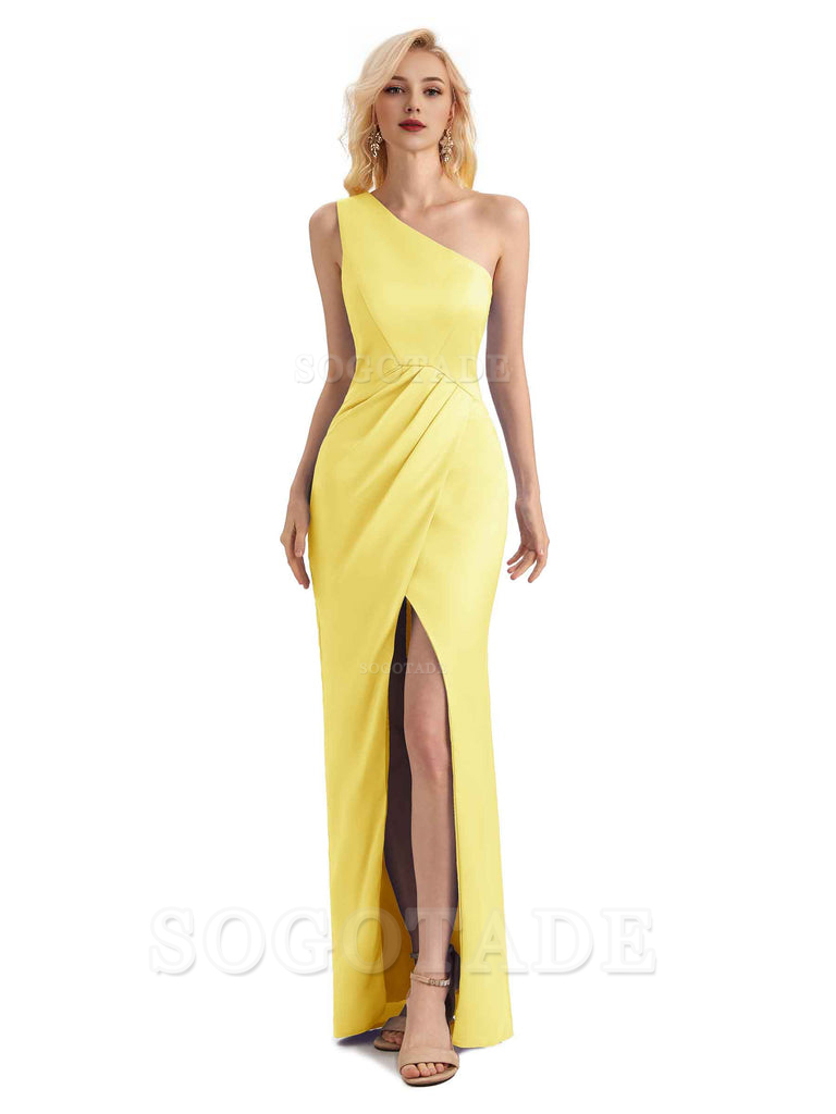 Sexy Soft Satin Split One Shoulder Long Mermaid Wedding Guest Dresses Online