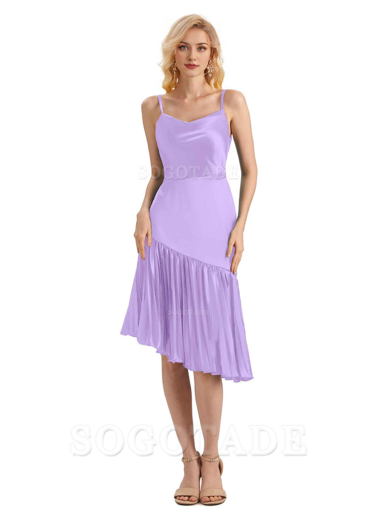 Unique Soft Satin Spaghetti Straps Short Midi Asymmetrical Bridesmaid Dresses Online