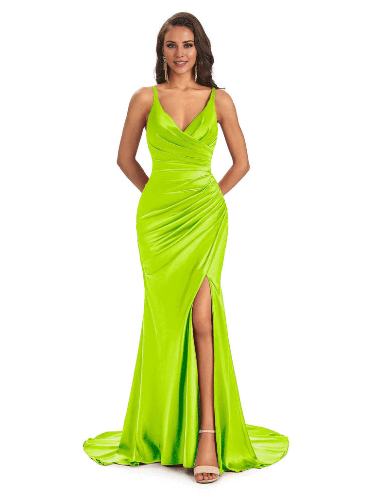 Soft Satin Side Slit Spaghetti Straps V-Neck Long Sexy Mermaid Bridesmaid Dresses