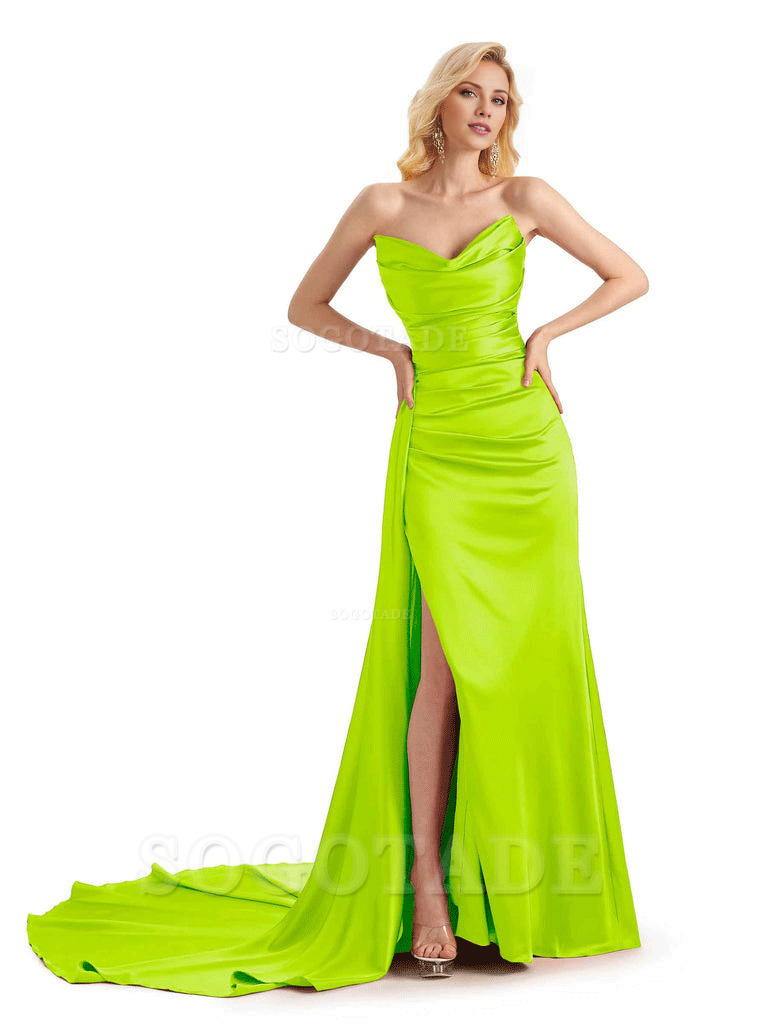 Unique Sweetheart Side Slit Soft Satin Long Mermaid Bridesmaid Dresses Online