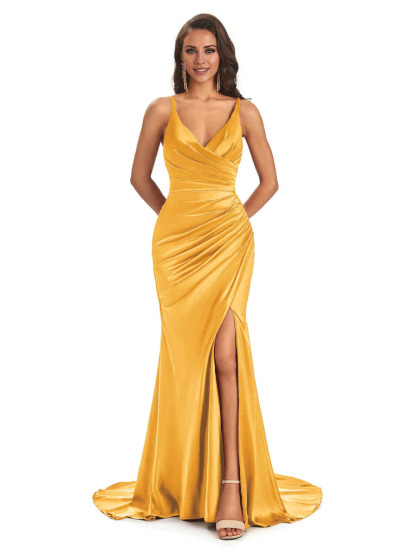 Soft Satin Side Slit Spaghetti Straps V-Neck Long Sexy Mermaid Bridesmaid Dresses