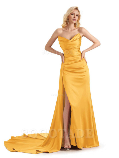 Unique Sweetheart Side Slit Soft Satin Long Mermaid Bridesmaid Dresses Online