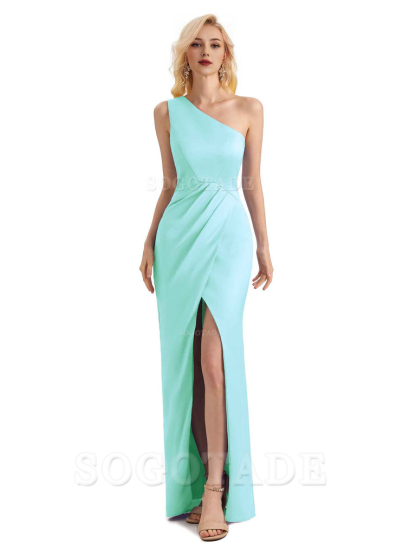 Sexy Soft Satin Split One Shoulder Long Mermaid Wedding Guest Dresses Online