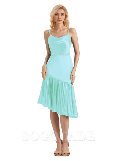 Unique Soft Satin Spaghetti Straps Short Midi Asymmetrical Bridesmaid Dresses Online