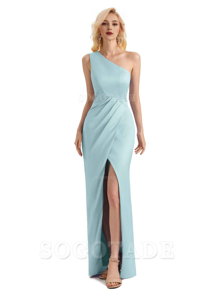 Sexy Soft Satin Split One Shoulder Long Mermaid Wedding Guest Dresses Online