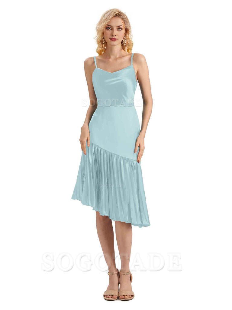 Unique Soft Satin Spaghetti Straps Short Midi Asymmetrical Bridesmaid Dresses Online