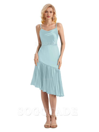Unique Soft Satin Spaghetti Straps Short Midi Asymmetrical Bridesmaid Dresses Online
