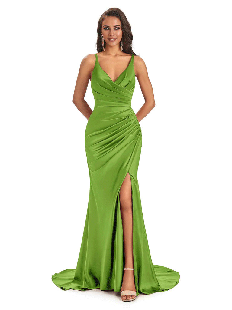 Soft Satin Side Slit Spaghetti Straps V-Neck Long Sexy Mermaid Bridesmaid Dresses