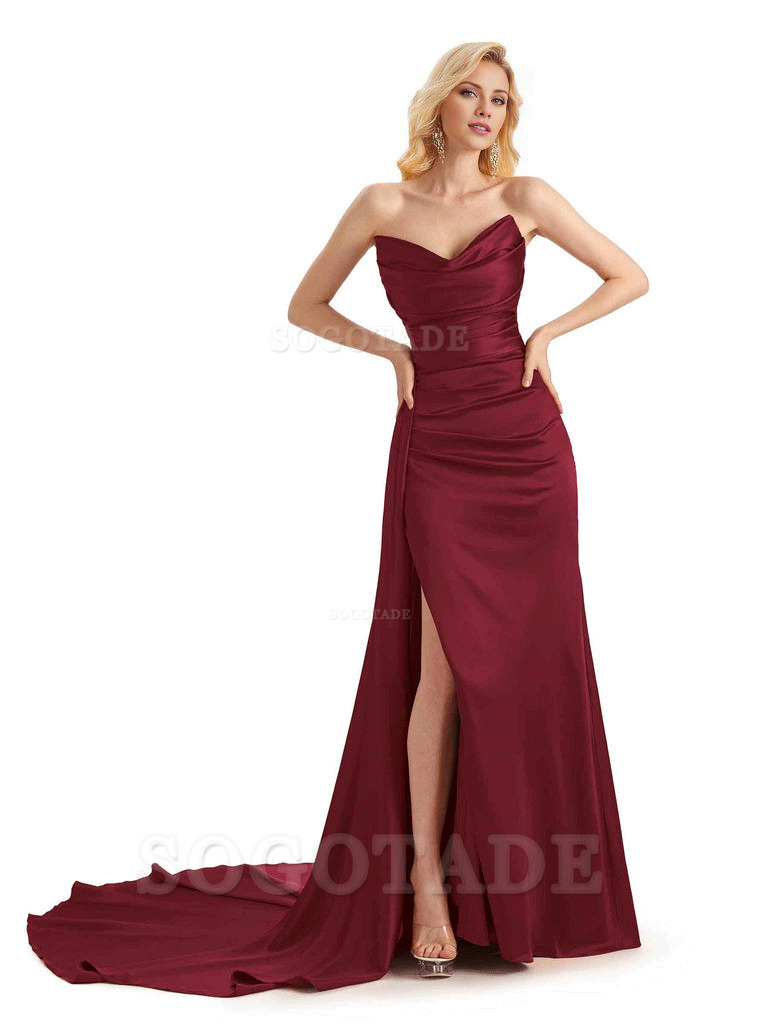 Unique Sweetheart Side Slit Soft Satin Long Mermaid Bridesmaid Dresses Online