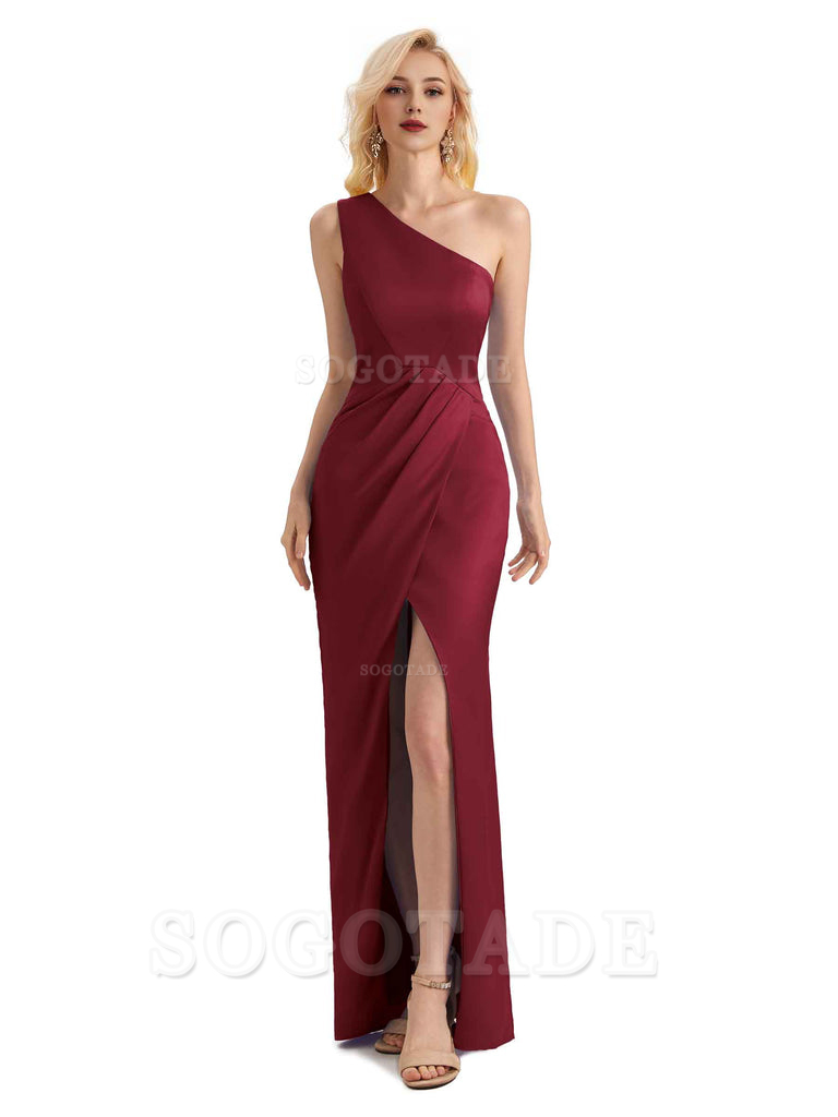 Sexy Soft Satin Split One Shoulder Long Mermaid Wedding Guest Dresses Online