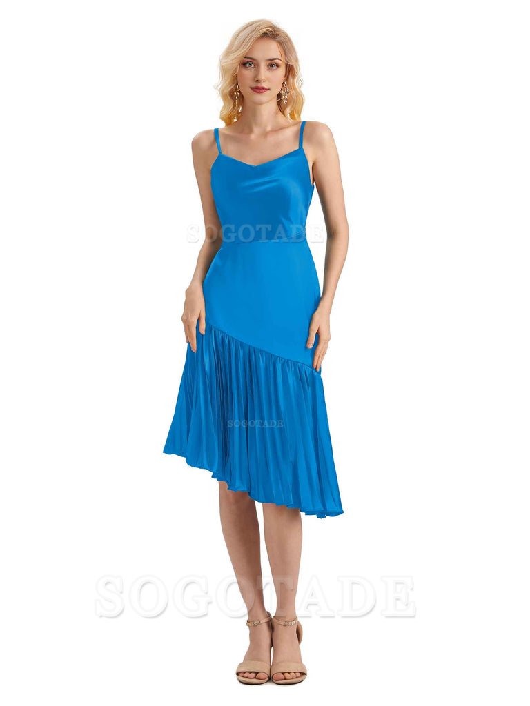 Unique Soft Satin Spaghetti Straps Short Midi Asymmetrical Bridesmaid Dresses Online