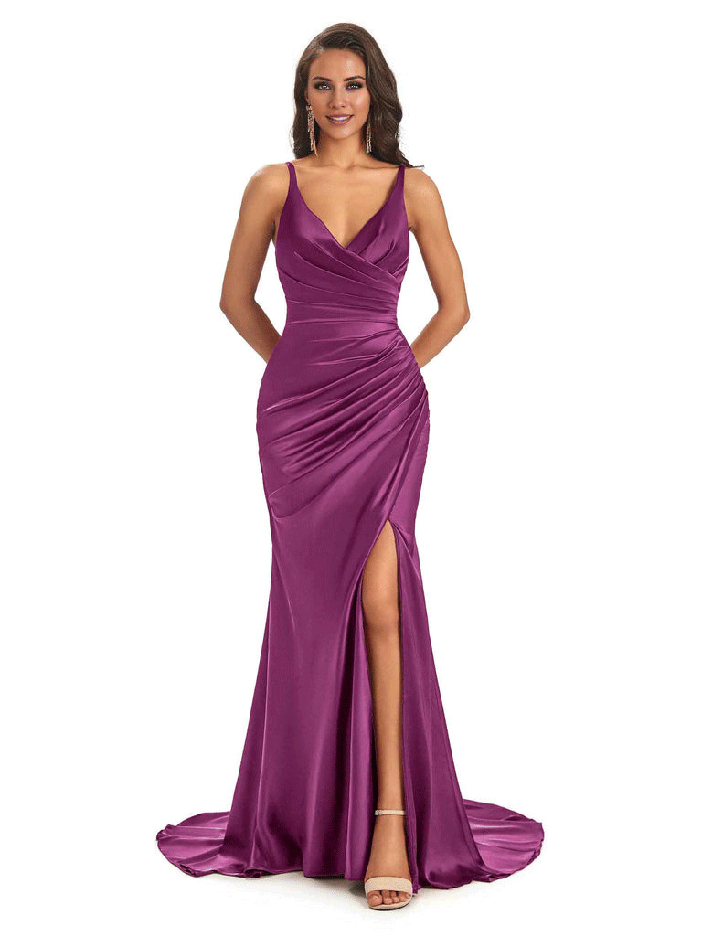 Soft Satin Side Slit Spaghetti Straps V-Neck Long Sexy Mermaid Bridesmaid Dresses